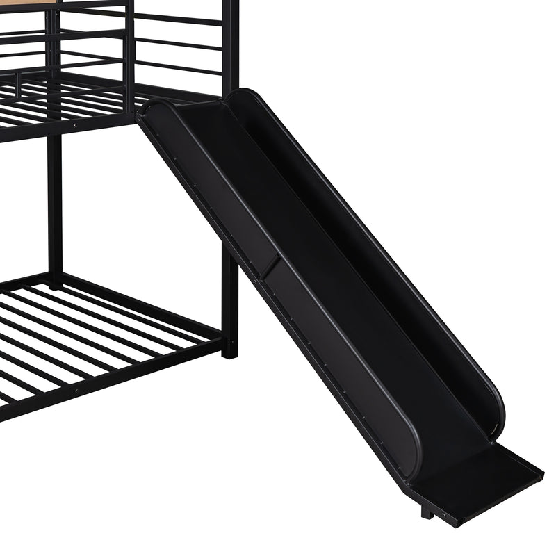 Twin Over Twin Metal Bunk Bed ,Metal Housebed With Slide,Three Colors Available.(Black with Black  Slide)(OLD SKU :LP000095AAB)