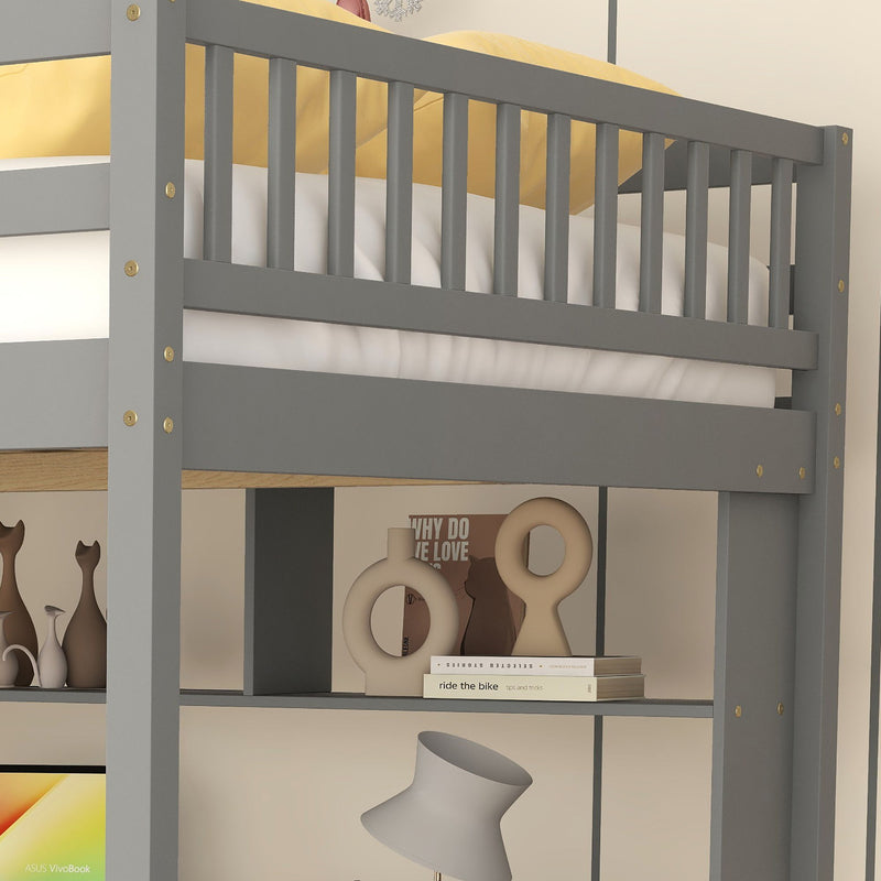 High Loft Bed With Built-In Desk, Ladder Platform, Ladders, Guardrails