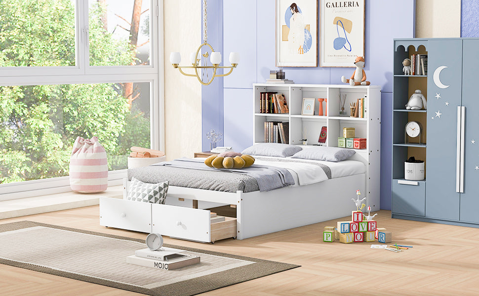 Full Size Platform Bed with Storage Headboard, Charging Station and 2 Drawers, White - Atlantic Fine Furniture Melbourne FL