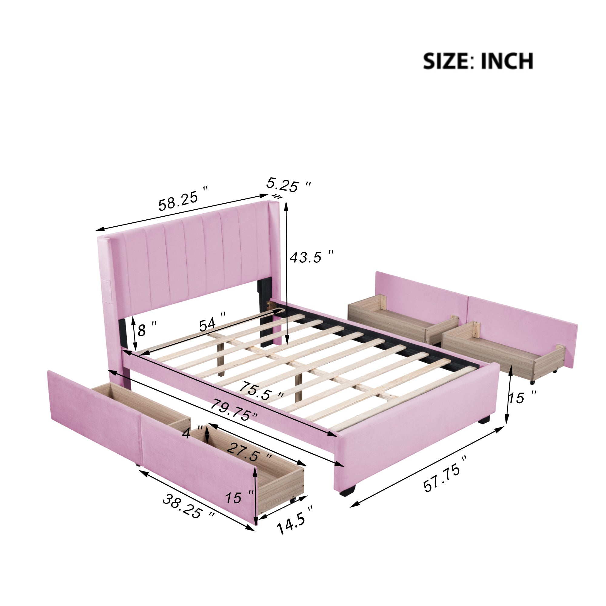 Full Size Upholstered Bed with 4 Drawers, Pink - Atlantic Fine Furniture Melbourne FL