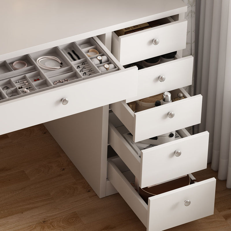 Vanity Desk With LED Lighted Mirror, Makeup Vanity With 11 Drawers, Adjustable Lighting - White