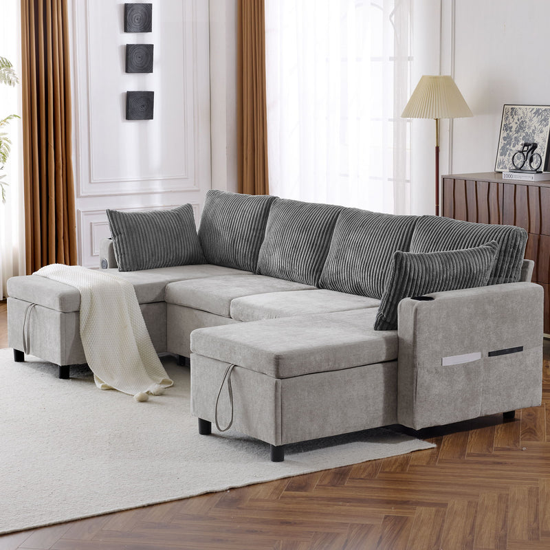 Sectional Sofa Bed With Pull Out Sleeper, USB Ports, Cup Holders