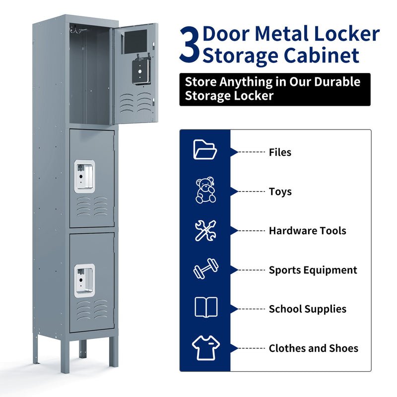 Lockers For Employees With 3 Door Storage Locker Durable For Gym, School, Office - Gray