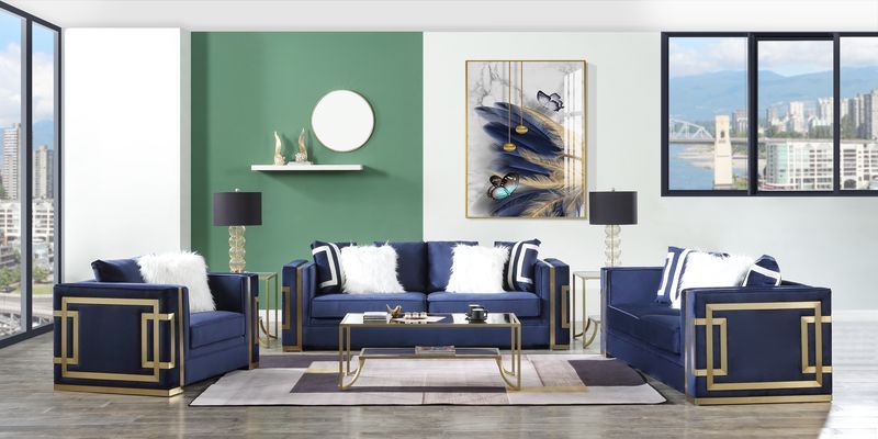 Virrux - Loveseat - Blue Velvet & Gold Finish - Atlantic Fine Furniture Inc