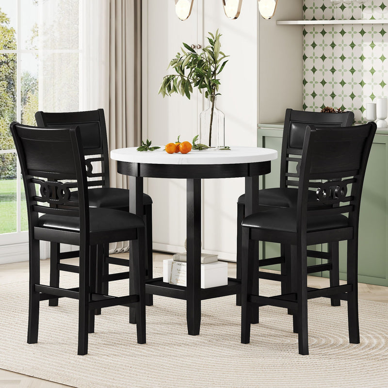 5 Piece Counter Height Dining Round Table Set With One Faux Marble Top Dining Table And Four Pu-Leather Chairs - Dark Espresso