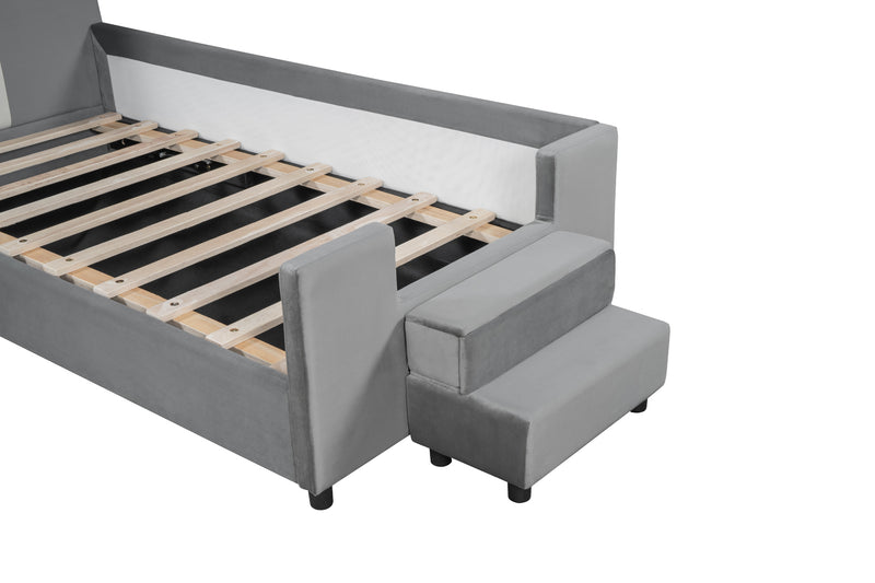 Twin Size Upholstered Daybed with Bear Shaped Headboard, Hydraulic System and Breathable Mesh Fence, Gray