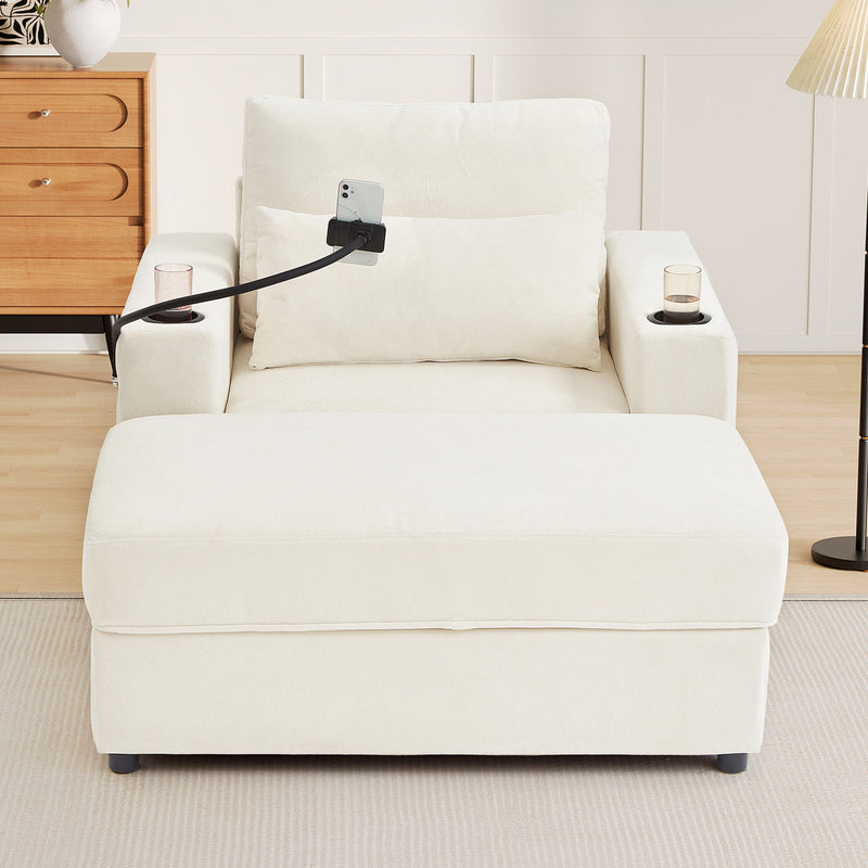Modern Style Armchair Chaise Lounge Sofa Couch With Movable Storage Ottoman, USB Ports, Cup Holders, Phone Holder, Side Pockets
