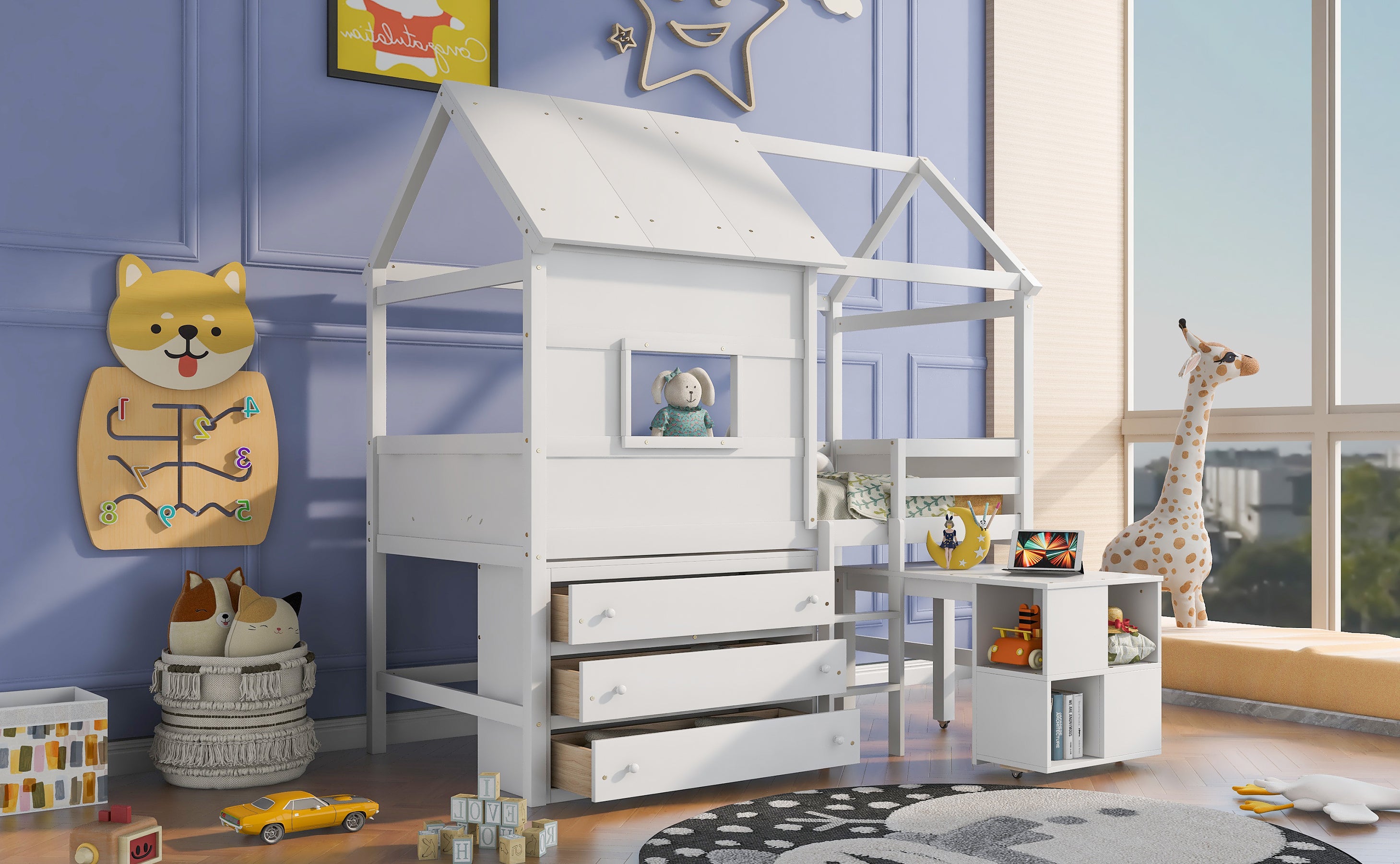 Twin Size House Loft Bed with Storage Desk and 3 Drawer Chest, White - Atlantic Fine Furniture Melbourne FL