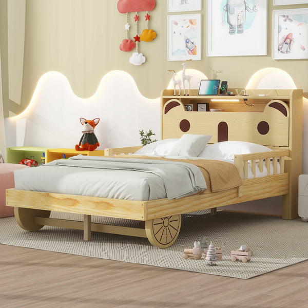 Full Size Car Bed With Bear-Shaped Headboard, USB And LED , Natural