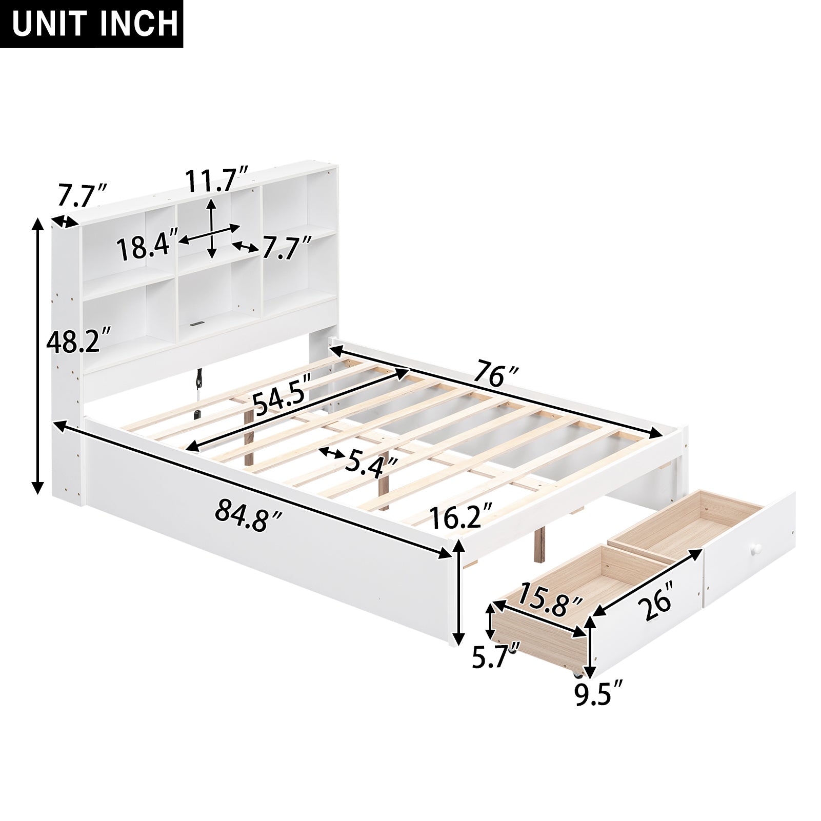 Full Size Platform Bed with Storage Headboard, Charging Station and 2 Drawers, White - Atlantic Fine Furniture Melbourne FL