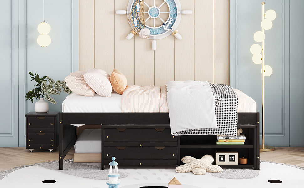 Versatile Full Bed with Trundle,Under bed Storage Box and Nightstand .Espresso
