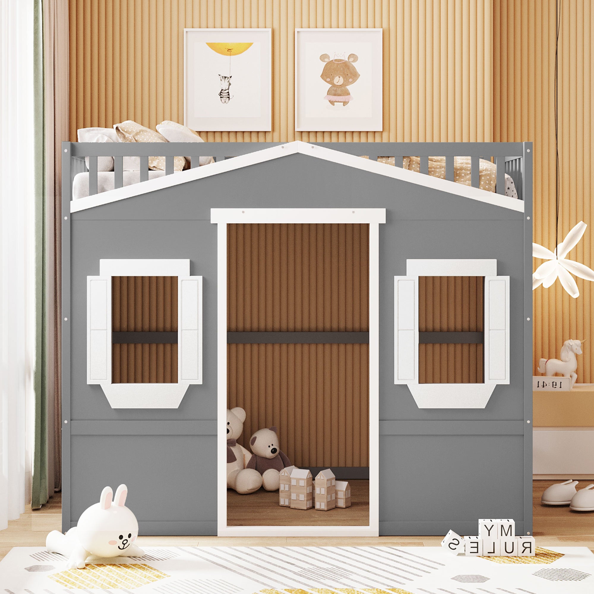 Full Size House Loft Bed With Ladder-Gray+White Frame - Atlantic Fine Furniture Melbourne FL