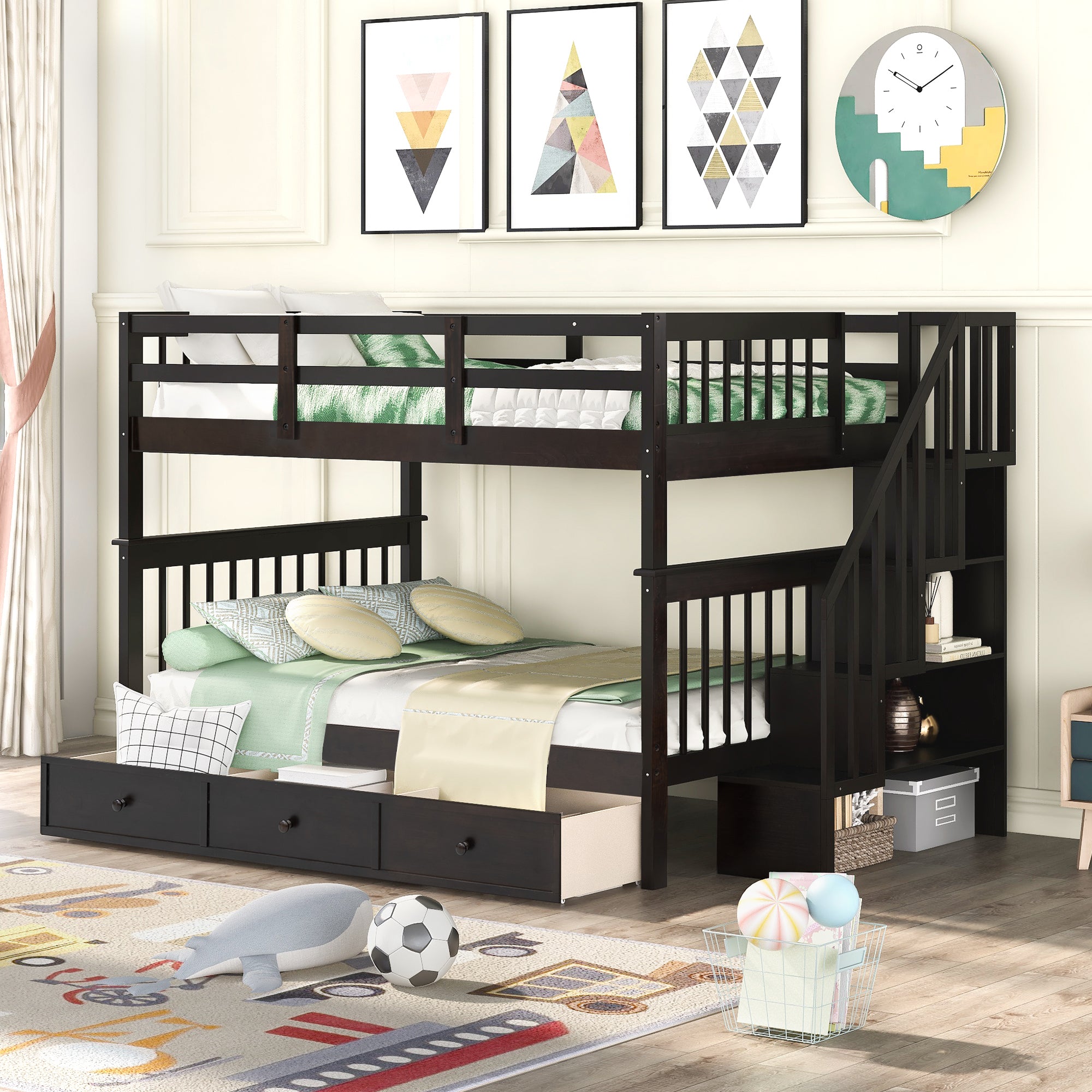 Stairway Full-Over-Full Bunk Bed with Drawer, Storage and Guard Rail for Bedroom, Espresso color( old sku: LP000310AAP ) - Atlantic Fine Furniture Melbourne FL