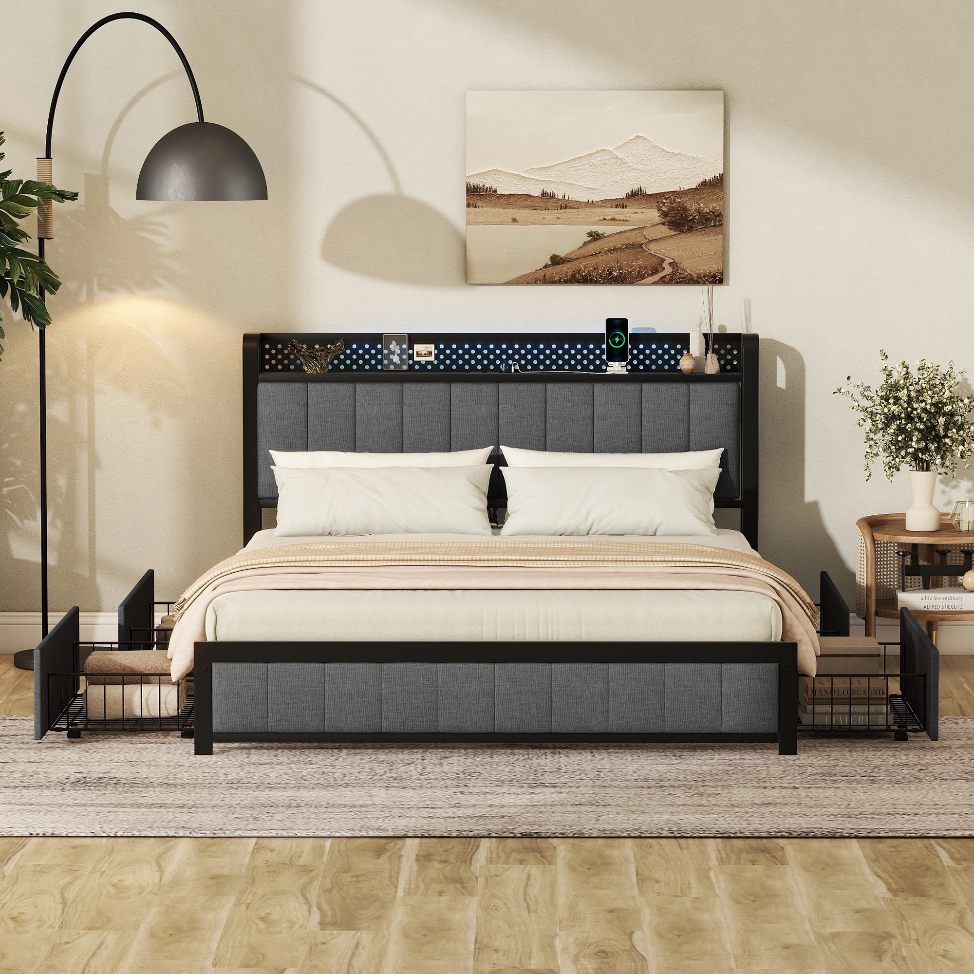 Queen Bed Frame with LED Headboard, Upholstered Bed with 4 Storage Drawers and USB Ports, Dark Grey - Atlantic Fine Furniture Melbourne FL