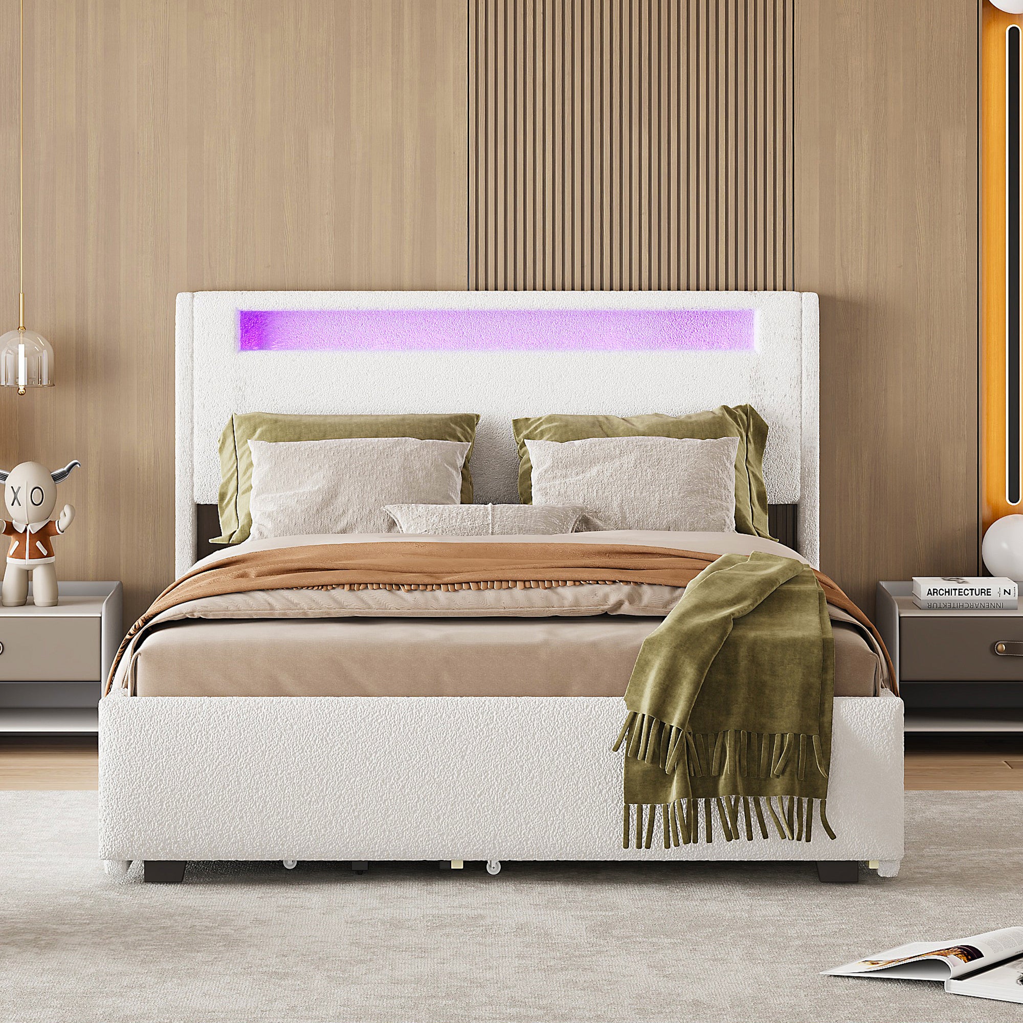 Full Size Upholstered Platform Bed with LED Frame, with Twin  Size Trundle and 2 drawers, Teddy Fleece, White - Atlantic Fine Furniture Melbourne FL