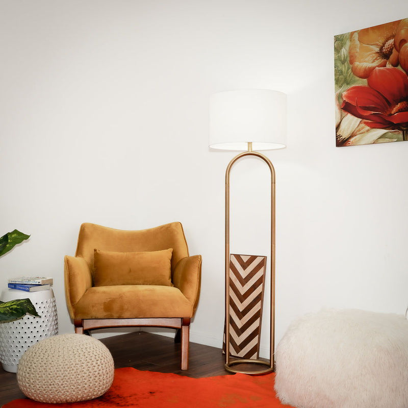 Vivid - Ring Base Floor Lamp With Large Drum Shade - Antique Brass / White