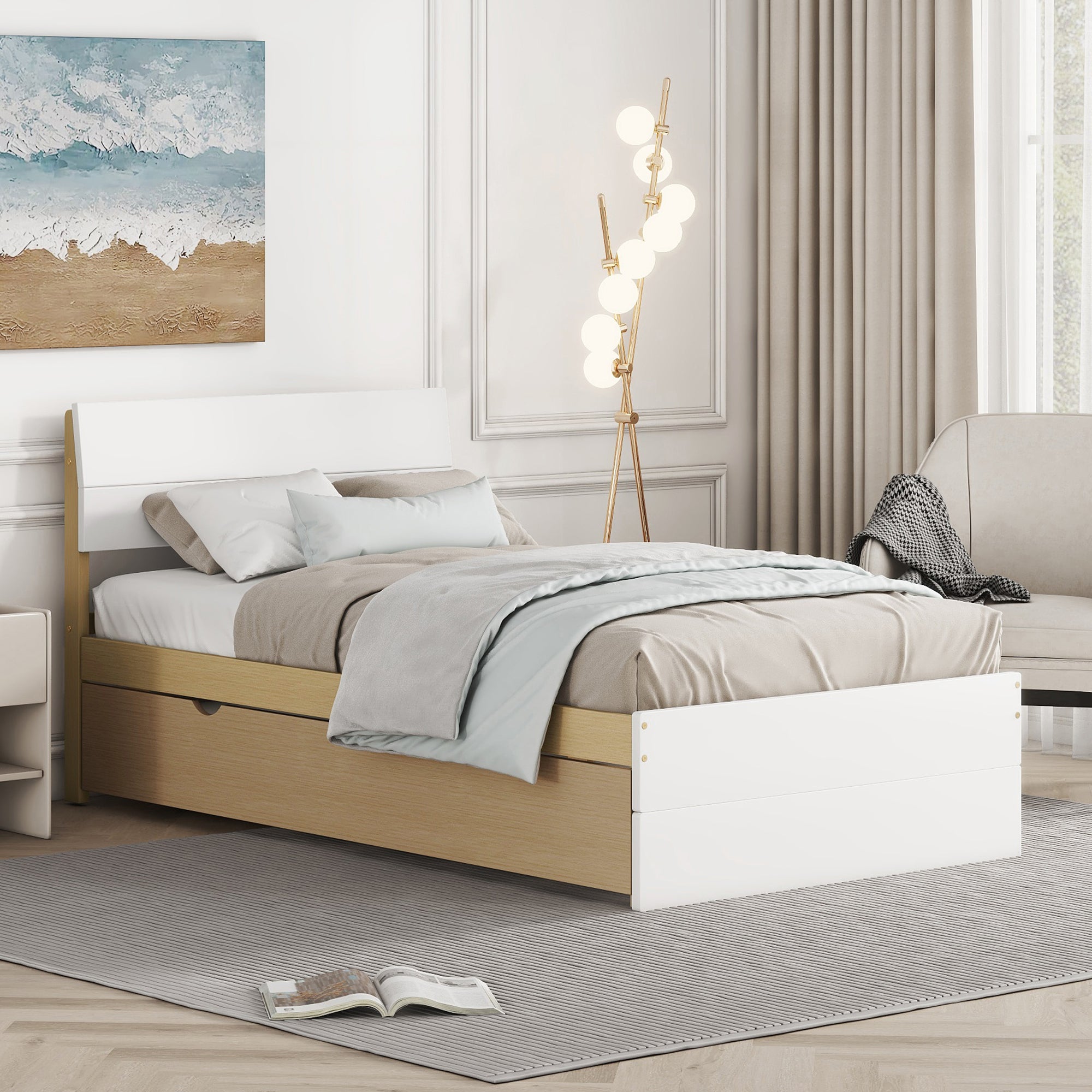 Modern Twin Bed Frame With Trundle For White High Gloss Headboard and Footboard With Light Oak Color - Atlantic Fine Furniture Melbourne FL