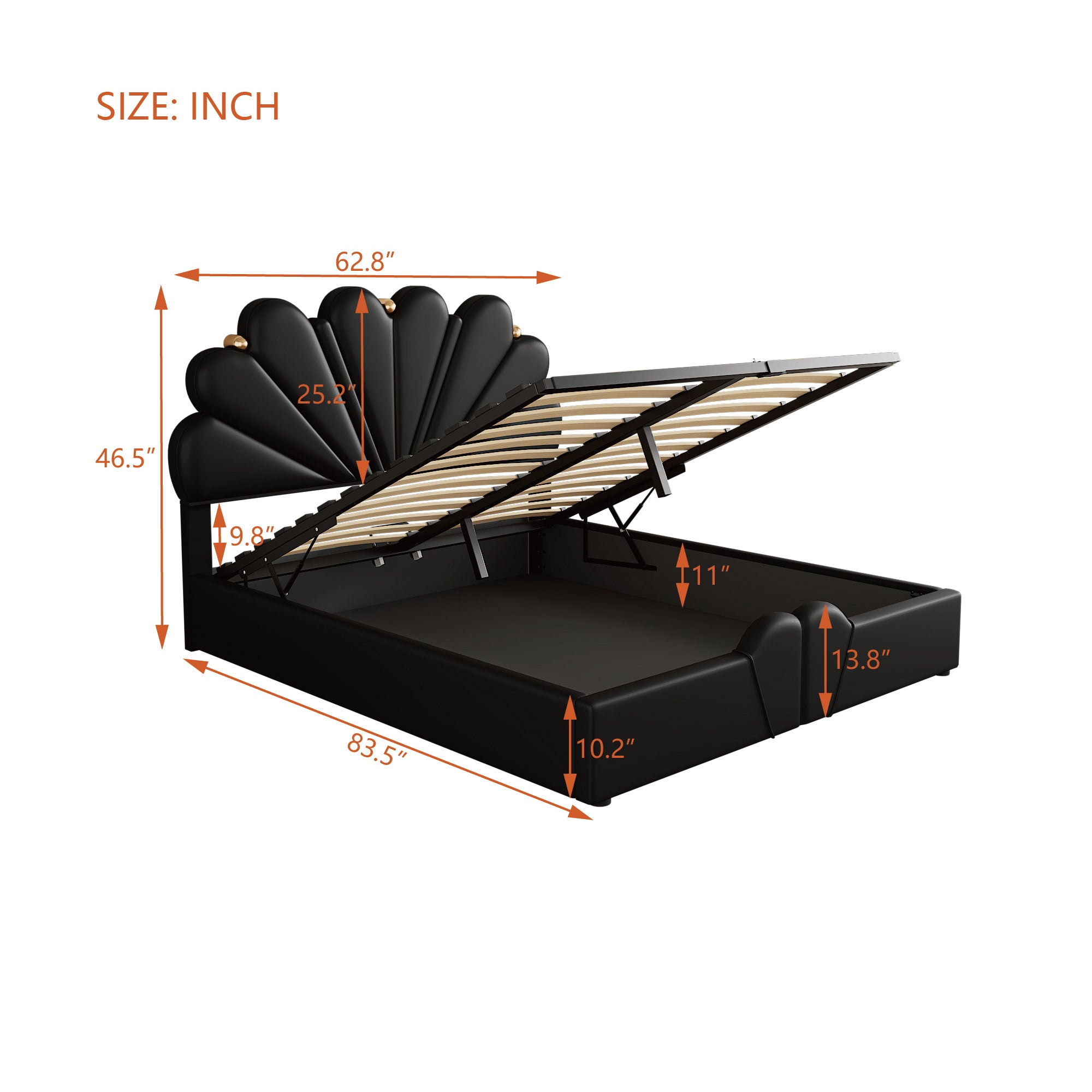 Queen Size Upholstered  Petal Shaped Platform Bed  with Hydraulic Storage System, PU Storage Bed, Decorated with metal balls, Black - Atlantic Fine Furniture Melbourne FL