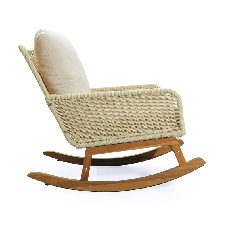 Contemporary Minimalist Wicker Rocking Chair Set With Soft Polyester Cushions And Durable Wooden Frame For Indoor And Outdoor Spaces - Ivory