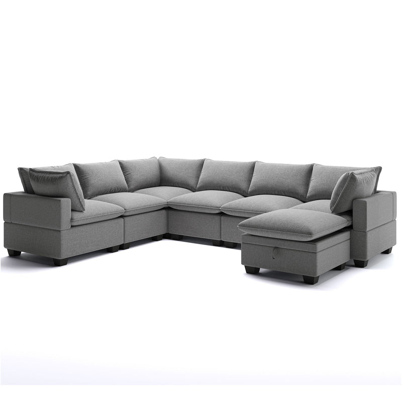 Modern U Shape Modular Sofa With Storage Ottoman, Luxury 7 Seat Sectional Couch Set With 2 Pillows Included, Freely Combinable Indoor Funiture For Living Room, Apartment - Gray