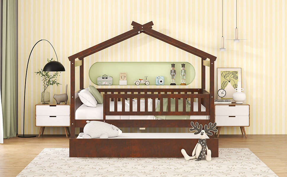 Full Size Wooden House Bed with Twin Size Trundle, Walnut - Atlantic Fine Furniture Melbourne FL