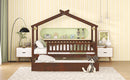 Full Size Wooden House Bed with Twin Size Trundle, Walnut