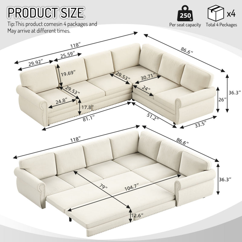L-Shaped Sofa Couch With Pull Out Bed With Nailhead Trim & Rolled Arm, Sectional Couches, For Living Room - Beige