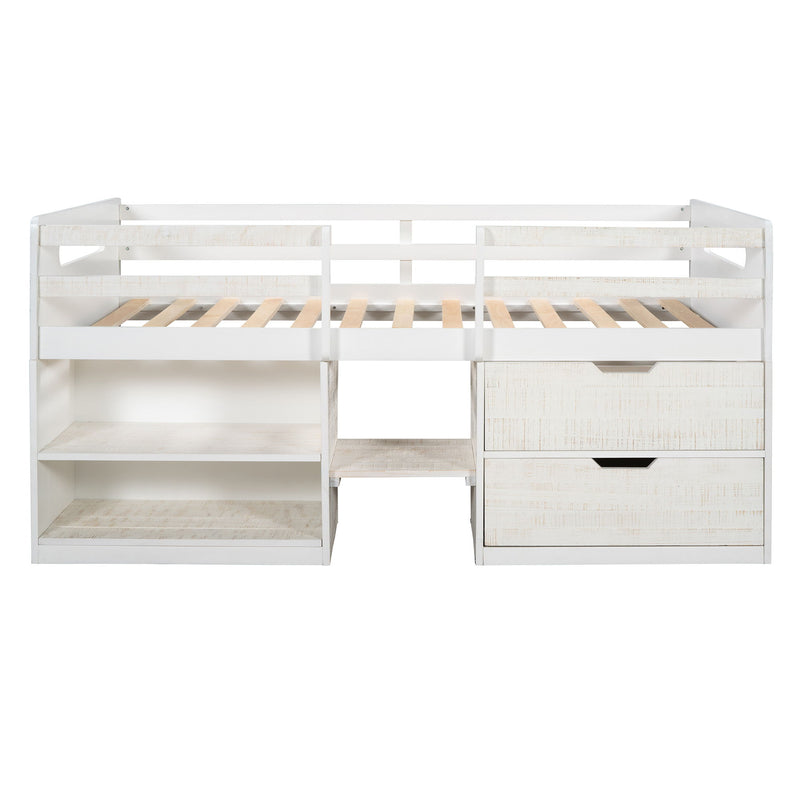 Twin Size Loft Bed With Two Shelves And Two Drawers