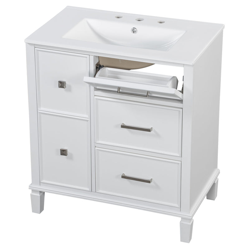 Bathroom Vanity With Ceramic Sink, Flip Out Drawer Design For Plumbing, Soft Close Drawers