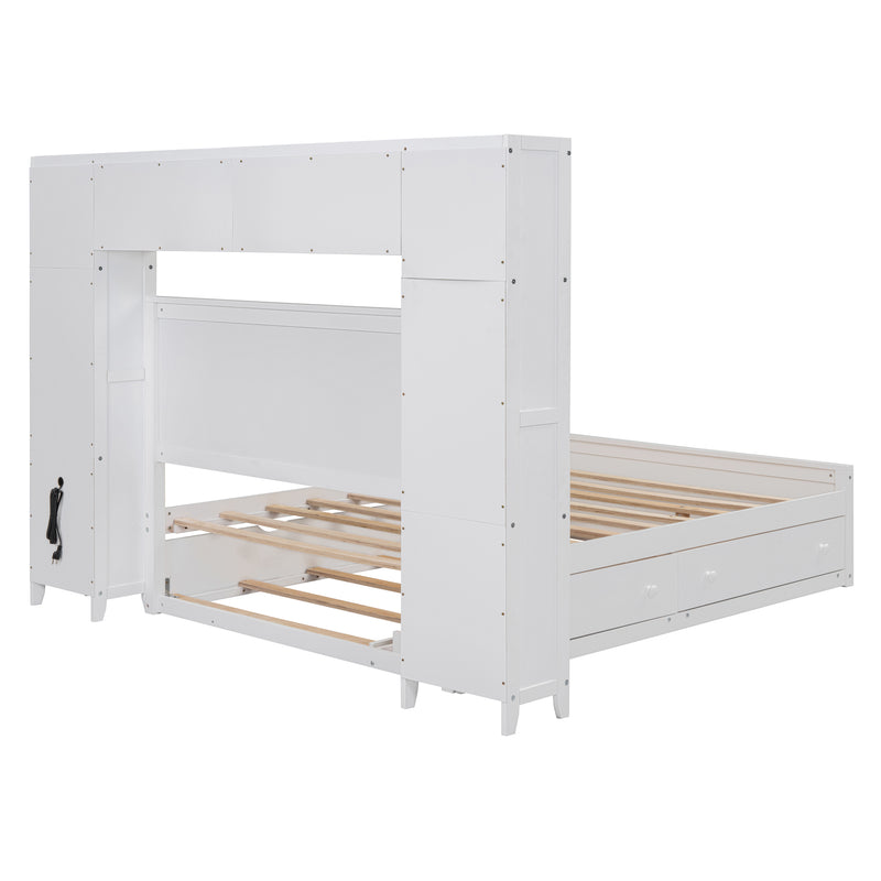 Full Size Wooden Bed With All-in-One Cabinet, Shelf and Sockets, White