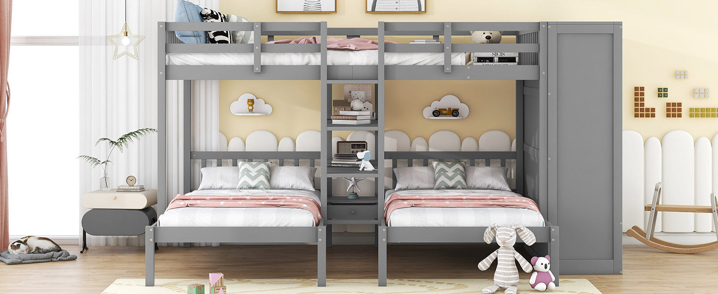 Full-Over-Twin-Twin Bunk Bed with Shelves, Wardrobe and Mirror, Gray - Atlantic Fine Furniture Melbourne FL