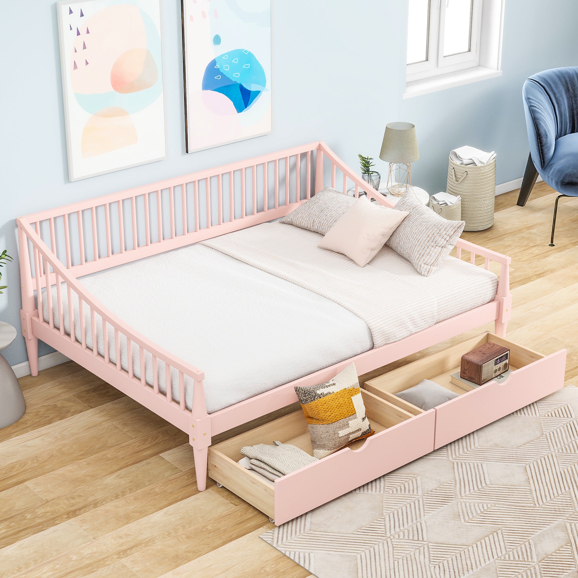 Full Size Daybed with Two Storage Drawers and Support Legs, Pink - Atlantic Fine Furniture Melbourne FL