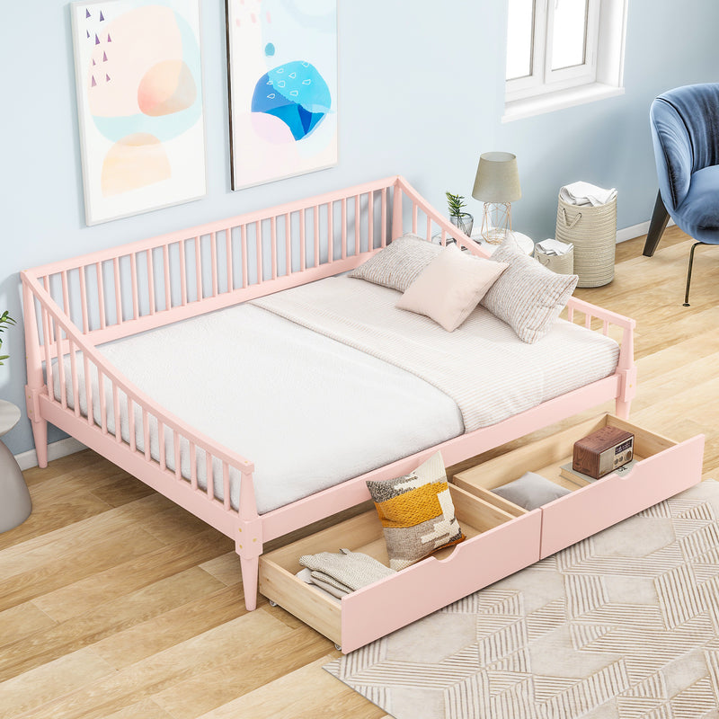 Full Size Daybed with Two Storage Drawers and Support Legs, Pink