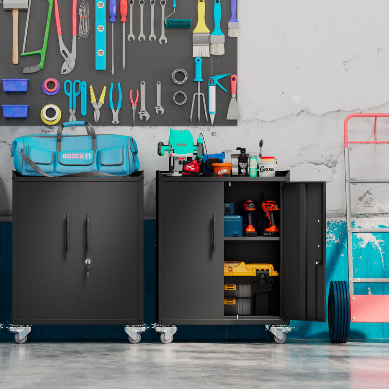 2 Door Tool Cabinets For Garage, Lockable Garage Storage Cabinet, Locking Storage Cabinet With Wheels, Rolling Tool Chest - Black