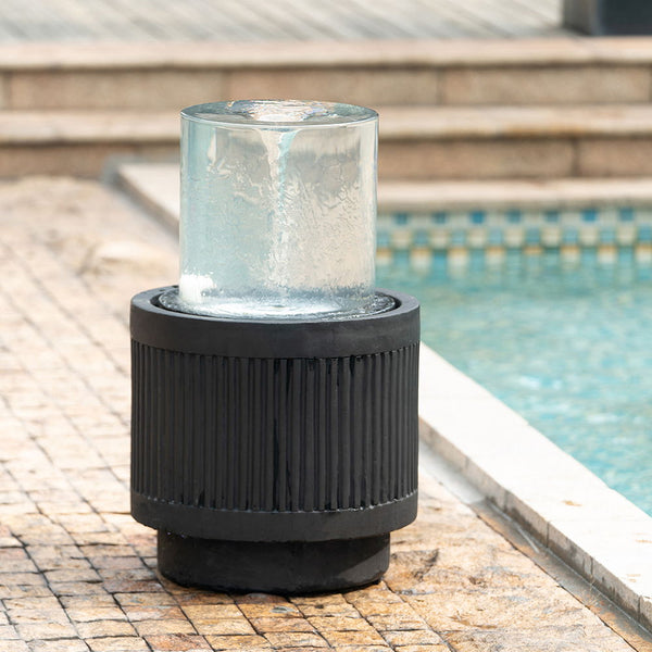 Heavy Cement Round Ribbed Outdoor Water Fountain With Light (Color Change) - Black White