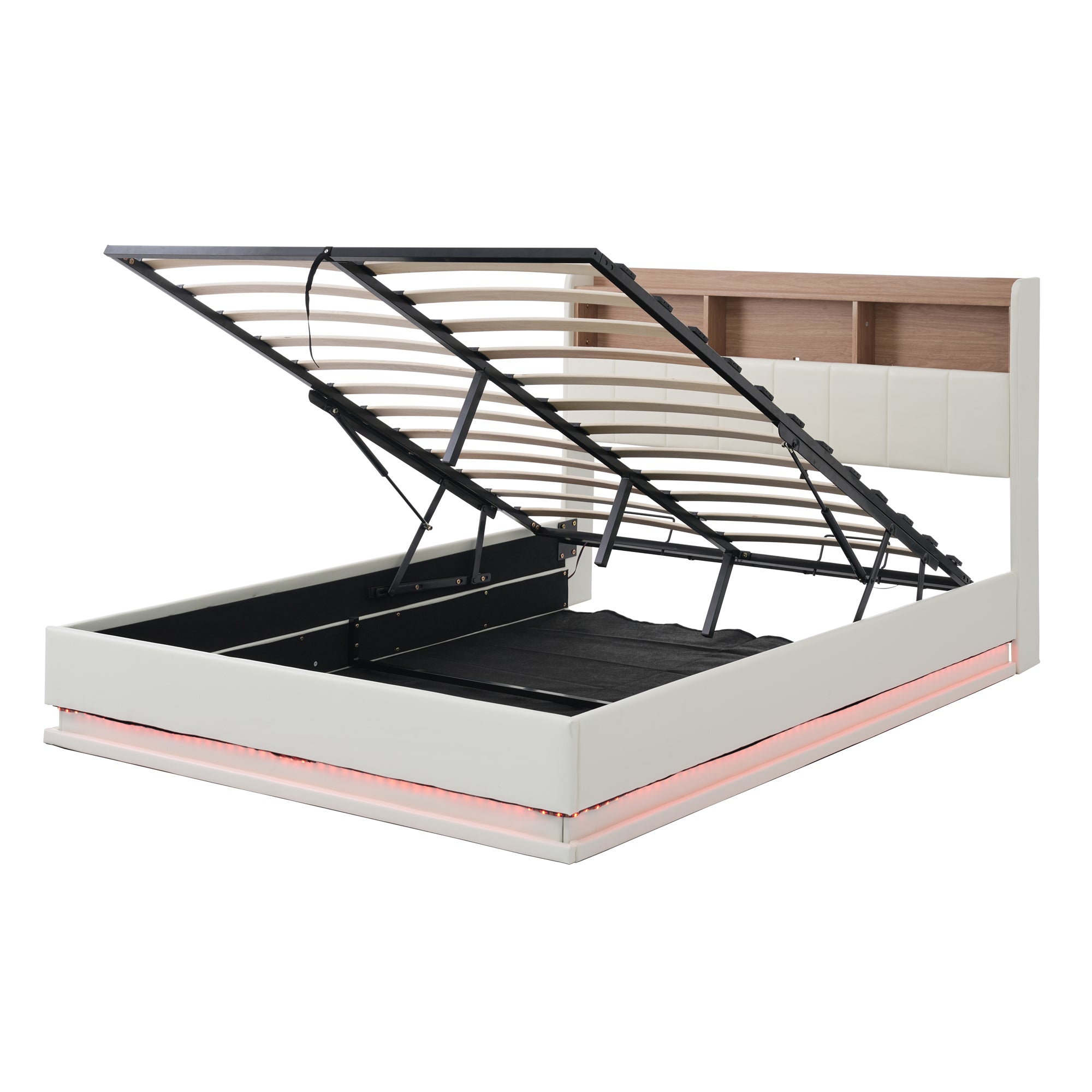 Queen Size  Upholstered Platform Bed with Storage Headboard and Hydraulic Storage System, PU Storage Bed with LED Lights and USB charger, White - Atlantic Fine Furniture Melbourne FL