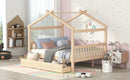 Full Size Wooden House Bed with Drawers, Natural