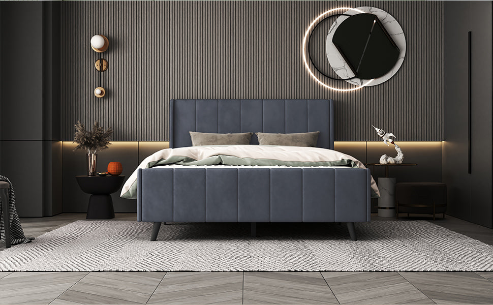 Full Size Upholstered Platform Bed, Velvet, Gray - Atlantic Fine Furniture Melbourne FL