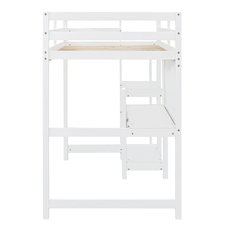 Twin Size Wooden Loft Bed with Shelves, Desk and Writing Board - White