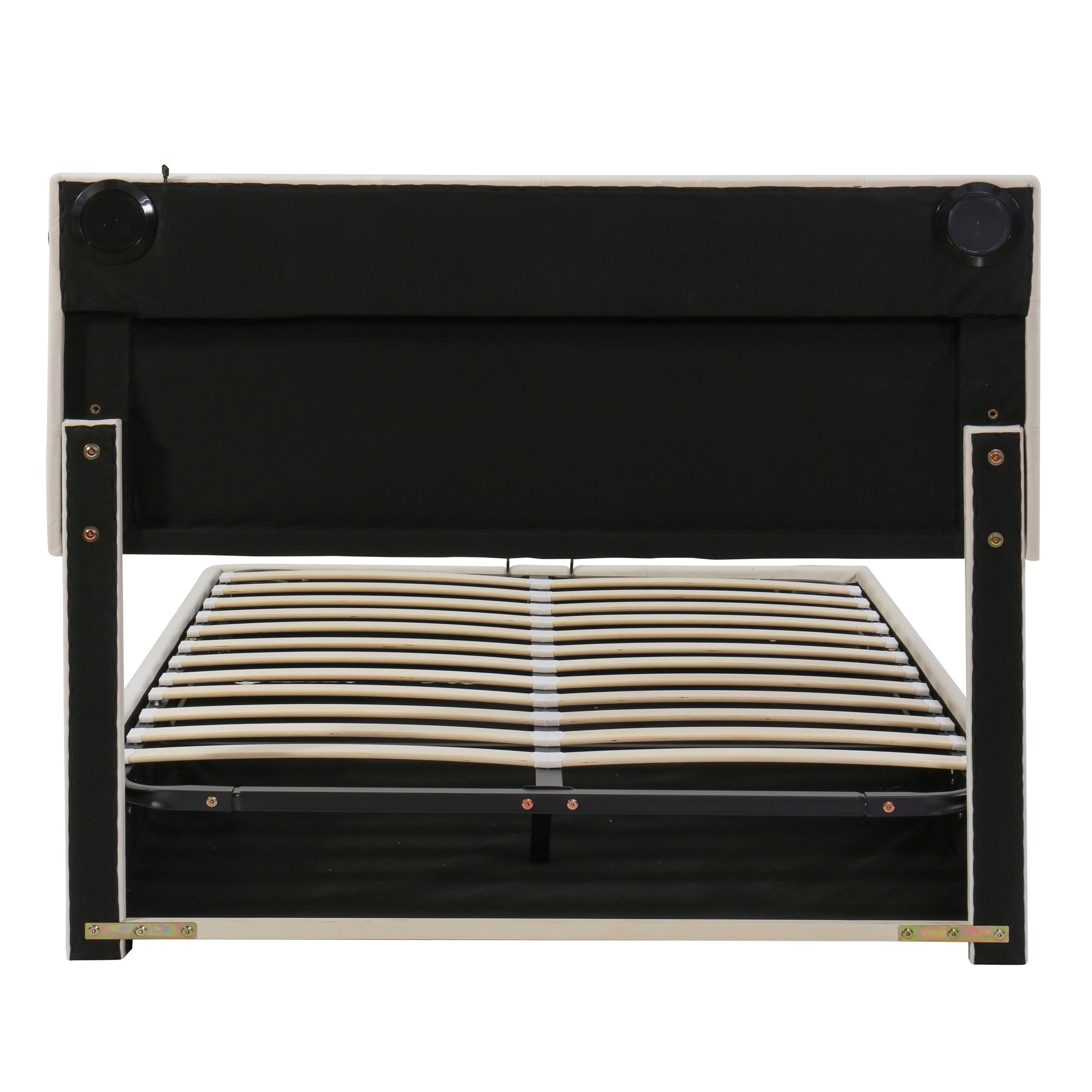 Queen Size Upholstered Bed with LED Light and Integrated Bluetooth Audio System, Modern Platform Bed with Hydraulic Storage System and USB Port, Velvet , Beige - Atlantic Fine Furniture Melbourne FL