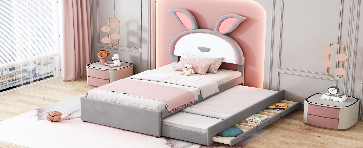 Twin Size Upholstered Platform Bed with Trundle and 3 Drawers, Rabbit-Shaped Headboard with Embedded LED Lights, Gray - Atlantic Fine Furniture Melbourne FL