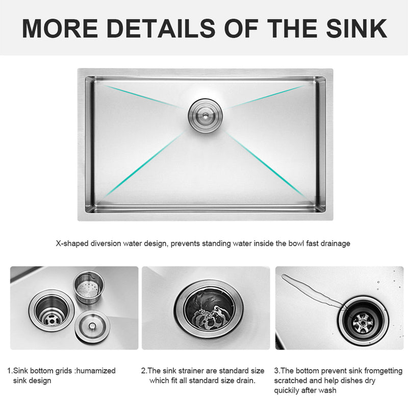 28" Undermount Kitchen Sink With, 10" Deep, Single Bowl, Rounded Corners - Brushed Nickel
