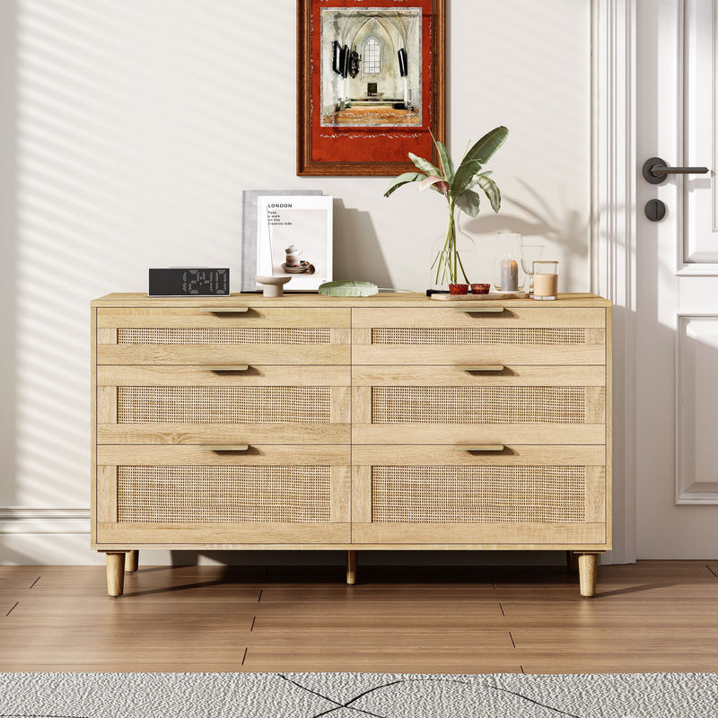 Rattan Dresser With 6 Drawers, Wooden Legs & Metal Handle