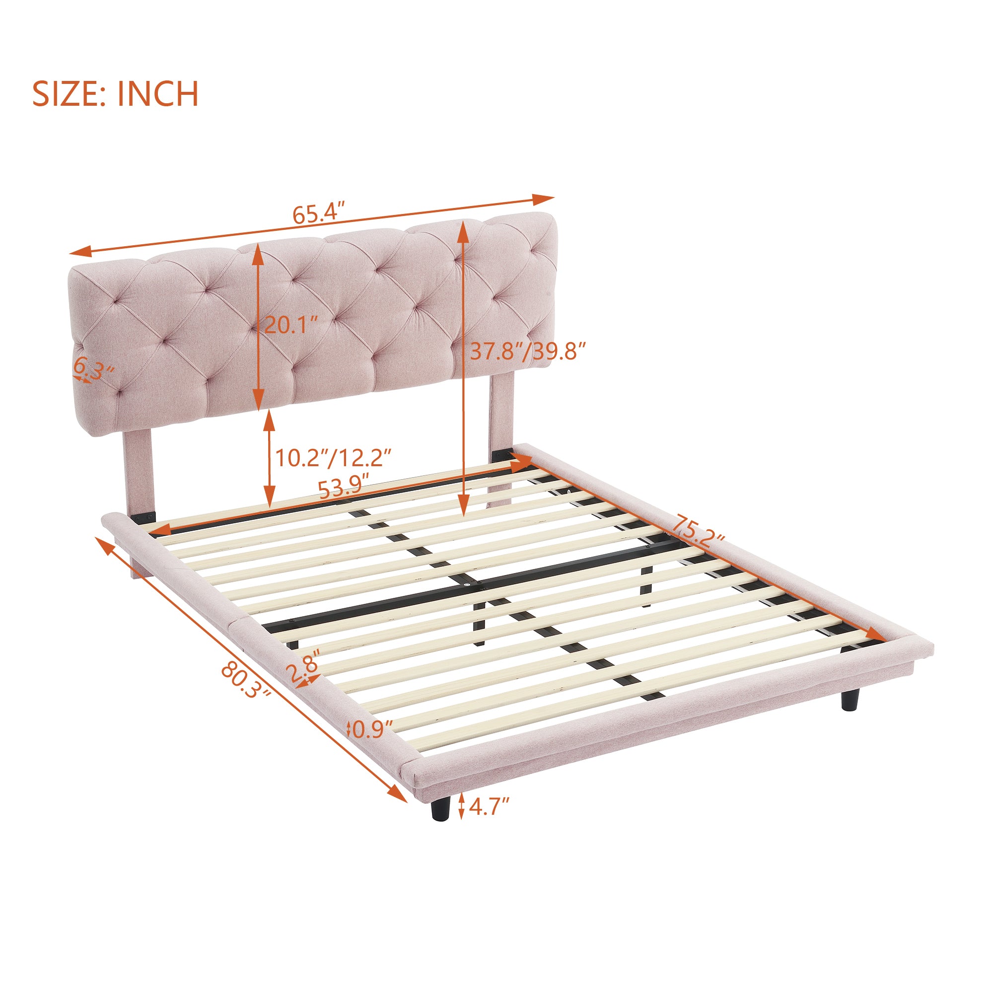 Full Size Upholstered Bed with Light Stripe, Floating Platform Bed, Linen Fabric,Pink - Atlantic Fine Furniture Melbourne FL