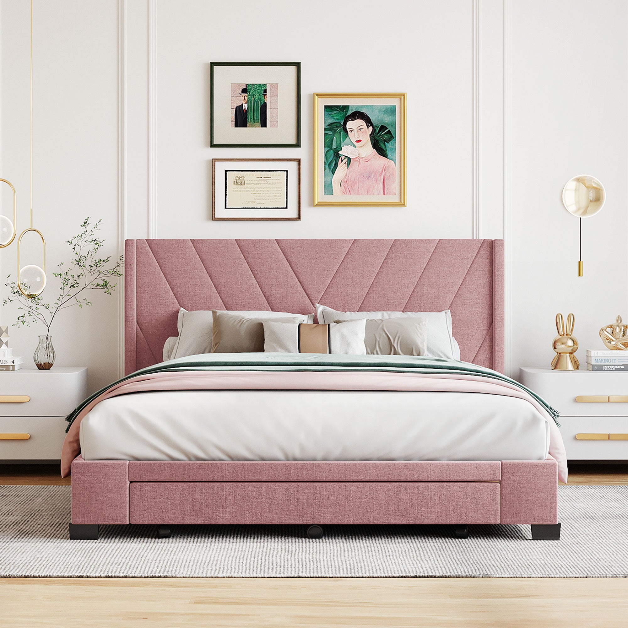 Queen Size Storage Bed Linen Upholstered Platform Bed with 3 Drawers (Pink) - Atlantic Fine Furniture Melbourne FL