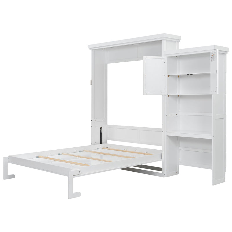 Queen Size Murphy Bed With Louvered Design And Multiple Storage Shelves - White