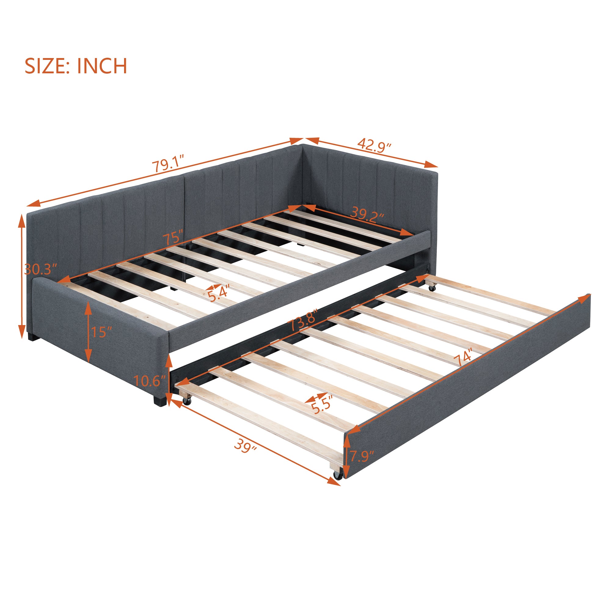 Upholstered Daybed with Trundle Twin Size Sofa Bed Frame No Box Spring Needed, Linen Fabric(Gray) - Atlantic Fine Furniture Melbourne FL