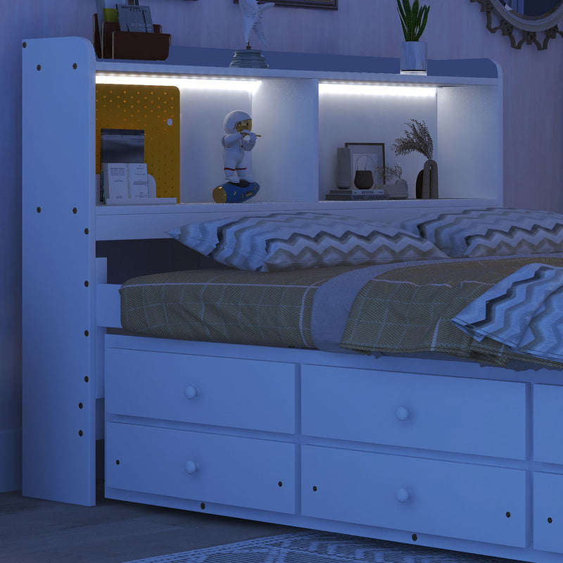 Bed With USB & Type-C Ports, LED Light, Bookcase Headboard, Trundle And 3 Storage Drawers, Bed With Bookcase Headboard, Trundle And Storage Drawers