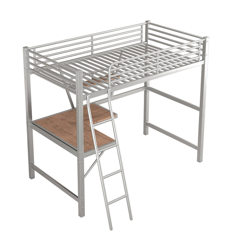 Twin Size Loft Metal&MDF Bed with Desk and Shelf, Silver (Old SKU:SM001105AAN-1)