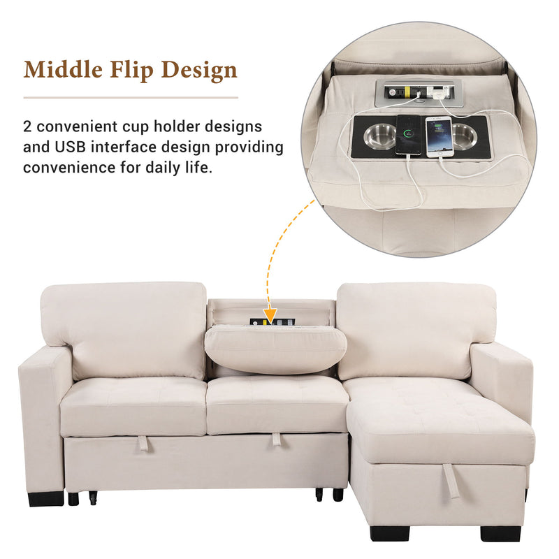 Stylish And Functional Light Chaise Lounge Sectional With Storage Rack Pull-Out Bed Drop Down Table And USB Charger